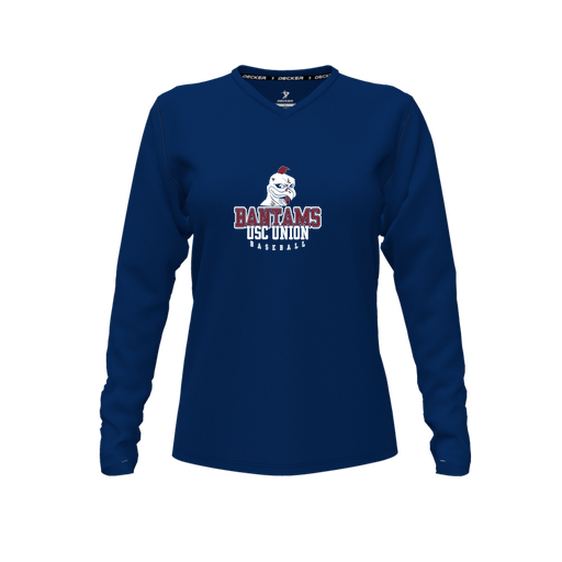 [CUS-DFW-TEES-CMF-VNK-LSL-NVY-FYXS-LOGO1] Decker Comfort T-Shirt (Female Youth XS, Navy, V Neck, Logo 1, Long Sleeve)