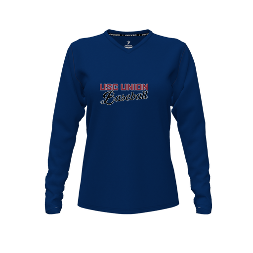 [CUS-DFW-TEES-CMF-VNK-LSL-NVY-FYXS-LOGO2] Decker Comfort T-Shirt (Female Youth XS, Navy, V Neck, Logo 2, Long Sleeve)