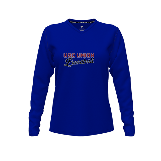 [CUS-DFW-TEES-CMF-VNK-LSL-RYL-FYXS-LOGO2] Decker Comfort T-Shirt (Female Youth XS, Royal, V Neck, Logo 2, Long Sleeve)