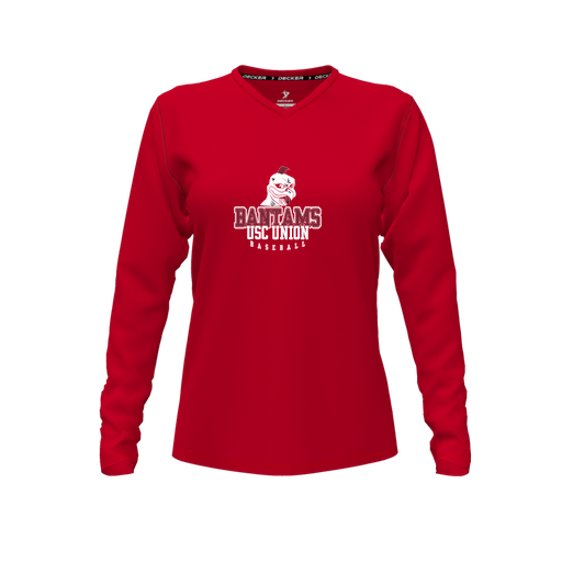 [CUS-DFW-TEES-CMF-VNK-LSL-RED-FYXS-LOGO1] Decker Comfort T-Shirt (Female Youth XS, Red, V Neck, Logo 1, Long Sleeve)